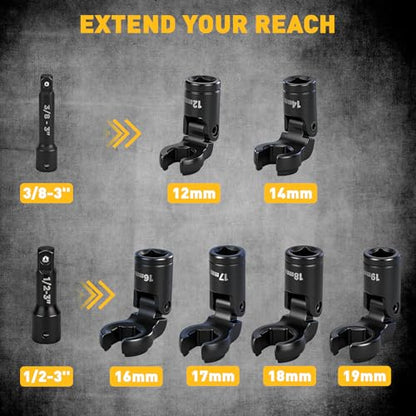 ELEAD 8-Piece Flex Head Crows Foot Wrench Set, Metric 12 14 16 17 18 19 mm with Extension Bar, 3/8" & 1/2" Drive Crowsfoot Line Wrenches Set, Access Fasteners in Tight Spaces - style: 8pcs Flex Head Crowsfoot Wrench Set