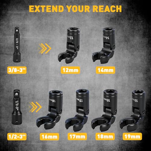 ELEAD 8-Piece Flex Head Crows Foot Wrench Set, Metric 12 14 16 17 18 19 mm with Extension Bar, 3/8" & 1/2" Drive Crowsfoot Line Wrenches Set, Access Fasteners in Tight Spaces - style: 8pcs Flex Head Crowsfoot Wrench Set
