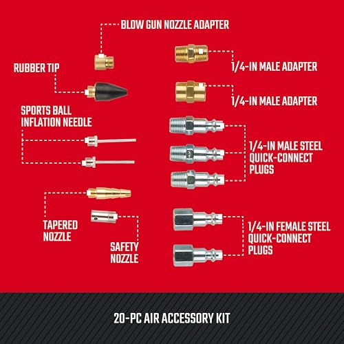 CRAFTSMAN 20-Piece Air Compressor Accessory Kit, Includes Recoil Hose, Tire Inflator, Blow Gun, Brass Quick-Connect Fittings, and More