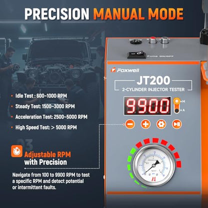 FOXWELL JT200 Fuel Injector Tester, Fix Engine Misfire & Rough Idle -Visualize Spray Pattern & Flow Rate, Fuel Injection System Tester Cleaner Diagnostic Tool for 6V/12V MPI Motorcycle & Car Injectors