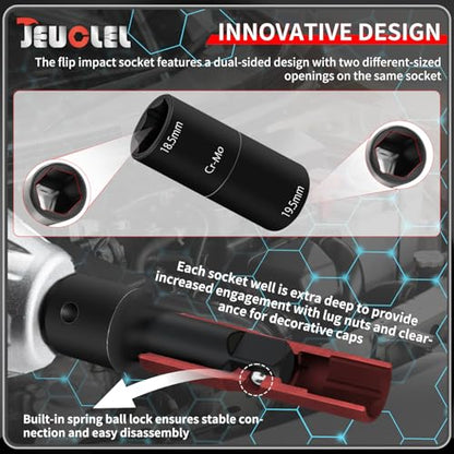3PCS 1/2" Drive Flip Lug Nut Impact Socket Set, Half Sizes Lug Nut Socket Kit with 18.5/19.5mm 20.5/21.5mm & 3" Extension Bar, Dual-End Thin Wall Nut Socket, Double Sided Lug Nut Extractor