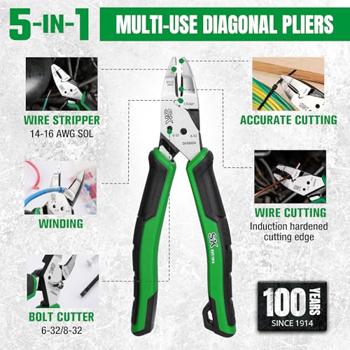 SK 7-Inch Multi-Use Diagonal Pliers, 5-IN-1, Premium CR-V Steel Construction, Ergonomic Anti-slip Handle for Comfortable Grip - style: Multi-Use Diagonal Pliers