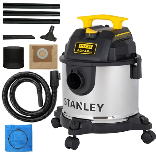 STANLEY 4 Gallon Wet Dry Vacuum, 4 Peak HP Stainless Steel 3 in 1 Shop Vacuum Blower with Powerful Suction, Vacuum for Job Site, Garage, Basement, Workshop, Top Handle, Portable Wet Dry Vac SL18301-4B - size: 4 Gallon, 4.0 HP
