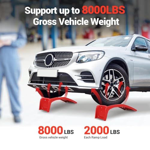 Set of 2 Heavy Duty Metal Car Ramps, Automotive Ramps, with 8000 LBS Capacity, 8 Inch Max Lift, 13 Inch Wide, for Automotive Vehicle Maintenance, Oil Change, Repair Ramp, Home Garage Use, Red