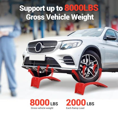 Set of 2 Heavy Duty Metal Car Ramps, Automotive Ramps, with 8000 LBS Capacity, 8 Inch Max Lift, 13 Inch Wide, for Automotive Vehicle Maintenance, Oil Change, Repair Ramp, Home Garage Use, Red