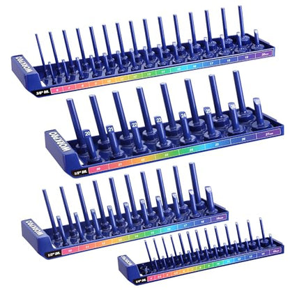 WORKPRO Socket Organizer Set, 4PC Impact Socket Holder, 1/4", 3/8", 1/2" Drive Metric Socket Trays, Impact Socket Organizer for Tool Box Drawer, Socket Storage Holds 94 Pieces (Socket not Included) | Fits Impact Sockets, Holds 94 Pieces Sockets, Large Cap