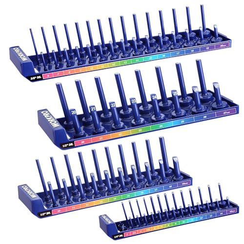 WORKPRO Socket Organizer Set, 4PC Impact Socket Holder, 1/4", 3/8", 1/2" Drive Metric Socket Trays, Impact Socket Organizer for Tool Box Drawer, Socket Storage Holds 94 Pieces (Socket not Included) | Fits Impact Sockets, Holds 94 Pieces Sockets, Large Cap