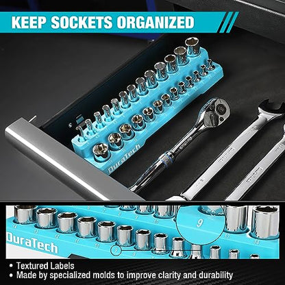 DURATECH Magnetic Socket Organizer, 1/4" Metric Socket Tray Holds 26 Pieces Standard & Deep Size Sockets, Magnetic Sockets Holder(Socket Not Included) - size: 1/4" DR, Metric