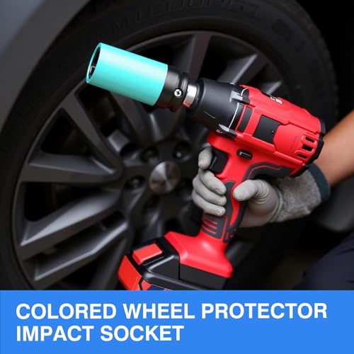 5PCS 1/2" Drive Wheel Protector Impact Socket, Non-Marring Lug Nut Deep Socket Set, CR-MO, 6 Point, Color-Coded Protective Socket, Metric 15 17 19 21 22 mm - size: 1/2" Protective Cover Sockets 5pcs