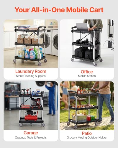 VEVOR Foldable Utility Service Cart, 165LBS 3 Shelf Heavy Duty Plastic Rolling Cart with 360° Swivel Wheels (2 with Brakes), Ergonomic Handle, Portable Garage Tool Cart for Warehouse Office Home - size: 25.62 x15.43 x32.76 inch