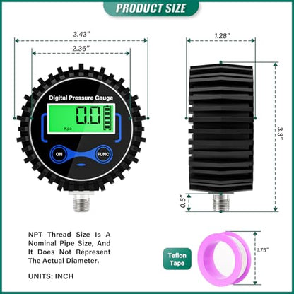 0-300PSI Digital Air Pressure Gauge, 1/8'' NPT Lower Mount and Rubber Protector, Accuracy 1%, Resolution 0.1psi, for Tires, Pressure Containers & Automation Equipment - size: 0-300PSI