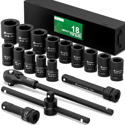 1 Inch Drive Impact Socket Set for Truck, Excavator, 21-55mm,CR-MO | 18 Pcs Metric Heavy Duty Socket Set with 24" Ratchet Wrench, Sliding T-Bar & Extension Bars for Construction Equipment Repair - size: 18 PCS
