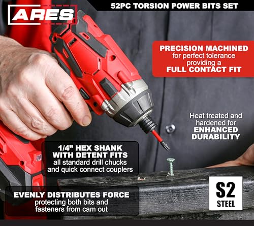 ARES 31022-52-Piece Torsion Power Bit Set with Sliding Bit Holder – Includes Standard and Reduced Philips, SAE Hex, Standard Torx, Slotted, Double-Ended Power, and Square - size: 52-Piece Torsion Power Bit Set with Bit Holder