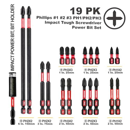 GEINXURN Impact Tough Phillips Bits PH1/PH2/PH3 Insert Driver Bits,19Pack Bulk Phillips Screwdriver Bits Set with 1Pcs Impact Bit Holder - size: MIXED-PH-19PCS
