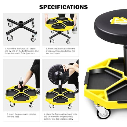 PM PERFORMOTOR Adjustable Height Pneumatic Garage Seat Rolling Mechanic Stool with Tool Tray Storage,300lbs Max Weight Capacity, Yellow,PM-TOL-ATS-YL - color: Yellow