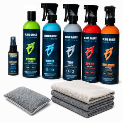Bling Sauce Essentials 5-Pack Automotive Cleaning & Detailing Kit | Interior and Exterior car care bundle with microfiber towels and sponge for quick showroom shine anywhere