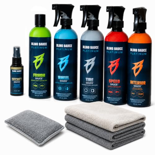 Bling Sauce Essentials 5-Pack Automotive Cleaning & Detailing Kit | Interior and Exterior car care bundle with microfiber towels and sponge for quick showroom shine anywhere