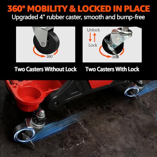 264 LBS Mechanic Stool, Garage Mechanics Seat with Swivel Wheels | Heavy Duty Rolling Mechanics Seat w Three Slide Out Tool Trays and Drawer, For Automotive Auto Repair, Garage Stool