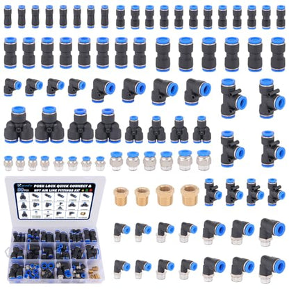 90 Pcs Quick Connect Air Line Fittings Kit Pneumatic Push Lock Air Fittings 1/8",1/4",3/8",1/2" Push to Connect & NPT Thread Air Hose Fittings Quick Release Airline Fitting Kit - color: Black-90PCS