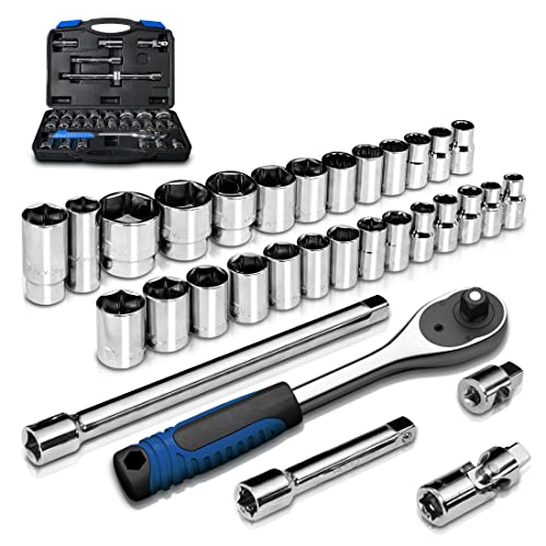 1/2 inch Drive 8mm-32mm Metric socket set, 32-piece Mechanic Tool Socket Ratchet Wrench Set, for Auto Repairing & Household - color: Silver