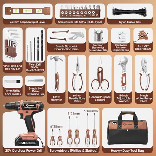 Saker 20V Tool Set with Drill, General Home Hand Tool Kit with 14-Inch Storage Bag, Tool Set with 20V Cordless Drill for DIY Projects, Home Repairs, Handyman, Mocha Brown