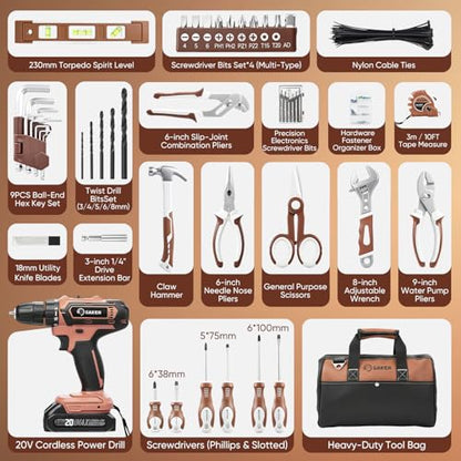 Saker 20V Tool Set with Drill, General Home Hand Tool Kit with 14-Inch Storage Bag, Tool Set with 20V Cordless Drill for DIY Projects, Home Repairs, Handyman, Mocha Brown