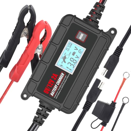 TN TONNY 6V 12V Battery Charger 2A Car Battery Maintainer, 6/12V Lead Acid & 14.6V LiFePO4/12.6V Li-ion Battery Trickle Charger Maintainer for Car/Motorcycle/ATV/Lawn Mower