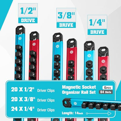 DURATECH Magnetic Socket Organizer Set, 1/4”, 3/8”, 1/2” Aluminum Alloy Socket Rail with 64 Clips, Socket Holder for Tool Box Drawer, Tool Cart and Garage Organization(6PCS) - size: 6PCS
