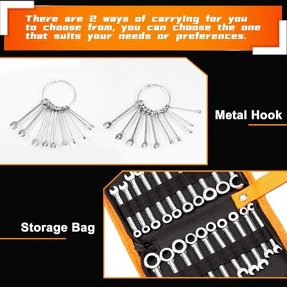 Mini Wrench Set Metric and SAE 20 Pcs Ignition Wrenches 4-11mm & 5/32" to 7/16" Open End Box End Wrench Set with Key Ring, Combination Wrench Sets with Zipper Bag - style: Metric and SAE