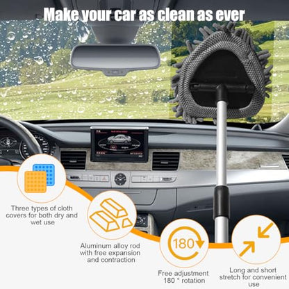 Car Windshield Cleaner Tool, Extendable Handle Triangle Vehicle Window Cleaner with 3 Washable and Reusable Microfiber Pads, Auto Windscreen Cleaning Tool, Universal Fit - size: Triangle