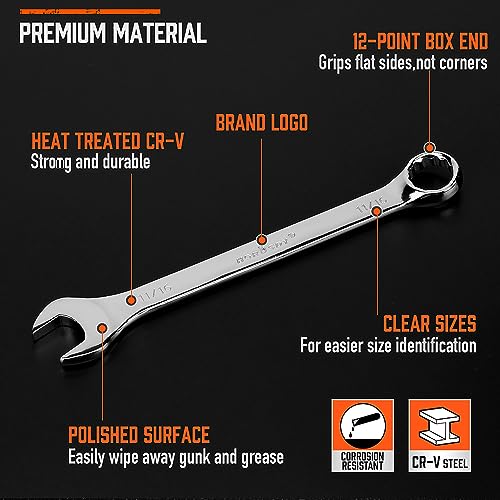 HORUSDY 11-Piece SAE Combination Wrench Set, 1/4''–3/4'' 12-Point Open End and Box End Wrench Kit with Organizer, Chrome Vanadium Steel Tools for Mechanics, Garages and Workshops - style: 11-Piece SAE Wrench Set