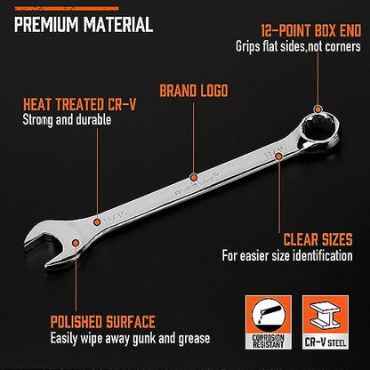 HORUSDY 11-Piece SAE Combination Wrench Set, 1/4''–3/4'' 12-Point Open End and Box End Wrench Kit with Organizer, Chrome Vanadium Steel Tools for Mechanics, Garages and Workshops - style: 11-Piece SAE Wrench Set