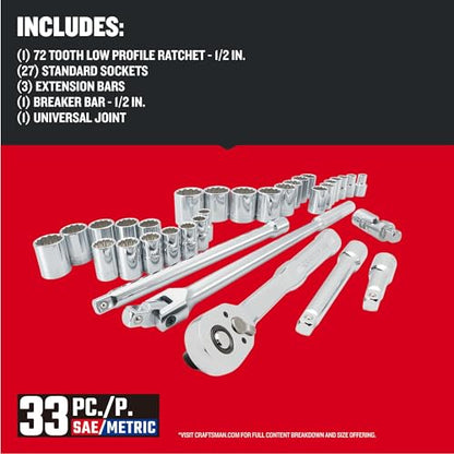 CRAFTSMAN Mechanics Tool Set, 33 Piece, 1/2 Inch Drive SAE/Metric (CMMT12122)