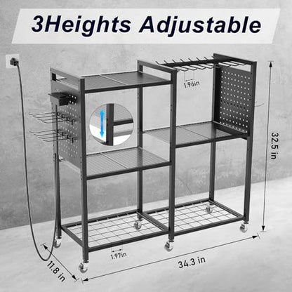 6-Tier Large Power Tool Organizer Cart with Charging Station, Heavy-Duty Garage Rolling Tool Cart with 6 Wheels, 8 Hooks & Adjustable Shelves, Holds 700LBS+ - color: Black