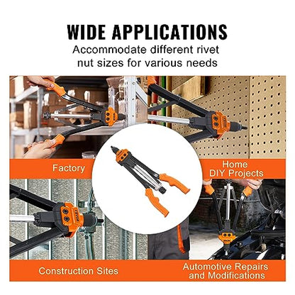 VEVOR Rivet Nut Tool, 16 inch Rivnut Tool Kit with 13PCS Metric and SAE Mandrels, 186PCS Rivet Nuts, Semi-auto Retraction, M3, M4, M5, M6, M8, M10, M12, 1/4-20, 5/16-18, 3/8-16, 1/2-13, 8-32, 10-24 - size: 16"-AUTO, style: RIVET NUT TOOL