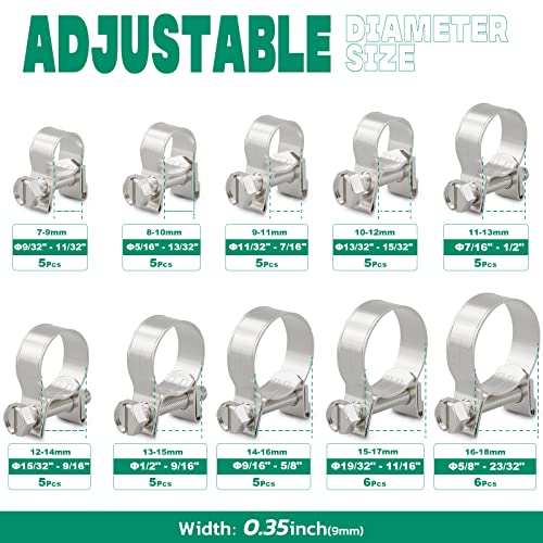OURU 52PCS Fuel Line Clamp Assortment Kit 304 Stainless Steel,10 Sizes Adjustable 9/32"-23/32" Dia (7-18mm) Mini Fuel Injection Gas Line Hose Clamps,Pipe Clamp for Automotive,Diesel Petrol Pipe - size: 52PCS 9/32"-23/32" (7-18mm)