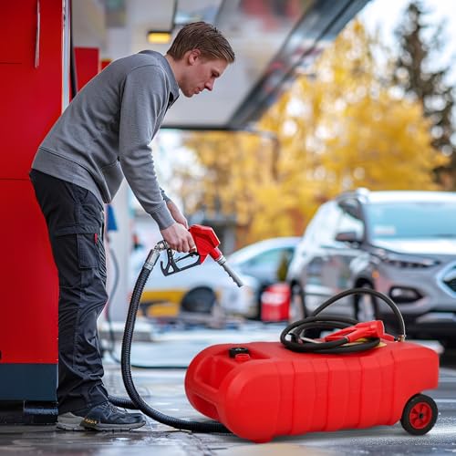 15 Gallon Gas Can, Fuel Tank Container with LE Fluid Transfer Manual Siphon Pump & 10FT Hose, Portable Diesel Gas Storage Caddy with Wheels for Car, ATV, Weeder, Boat, etc., Red - color: Red