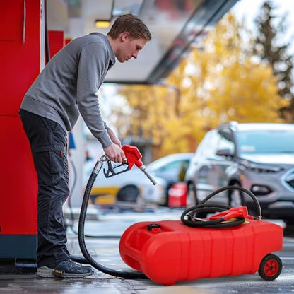 15 Gallon Gas Can, Fuel Tank Container with LE Fluid Transfer Manual Siphon Pump & 10FT Hose, Portable Diesel Gas Storage Caddy with Wheels for Car, ATV, Weeder, Boat, etc., Red - color: Red