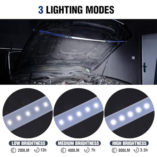 WORKPRO Rechargeable Underhood Work Light, 25inch Long Foldable LED Work Light Bar, 3 Lighting Modes with Adjustable Straps and Hooks, Magnetic Light for Car Repairing/Garage/Workshop/Emergency