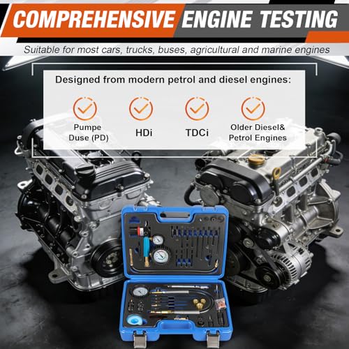 Compression Tester Automotive Kit,46Pcs Petrol & Diesel Compression Gauge Tester Set for Gasoline Engine,Tester Kit with Compression Gauge,Dual-Meter Leak Detector with Adapters,Quick-Connect Hose