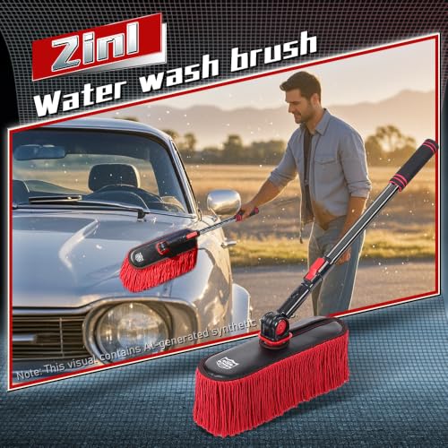 Car Duster Exterior, Dual Head, 4 Pcs, Black | Telescoping pole for boats. Chenille auto wash brush scrubs grime, while dry mop sweeps dust. - color: Red Black