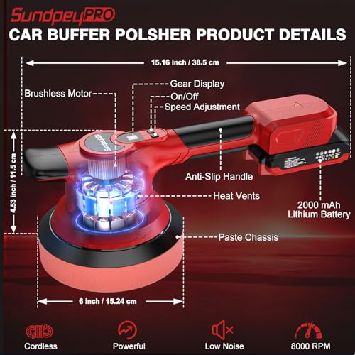 Brushless Cordless Car Buffer Polisher - SundpeyPRO 6 Inch Random Orbital Polisher with 8000RPM & 8 Variable Speed & 2 Battery & Fast Charger & 10PCs Polishing Kit for Waxing Polishing Scratch Removal