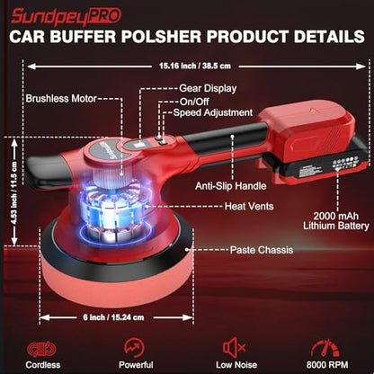 Brushless Cordless Car Buffer Polisher - SundpeyPRO 6 Inch Random Orbital Polisher with 8000RPM & 8 Variable Speed & 2 Battery & Fast Charger & 10PCs Polishing Kit for Waxing Polishing Scratch Removal