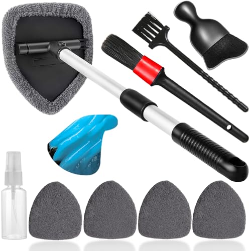 Qydipclin 10pcs Windshield Cleaner Tool, Car Window Cleaning Wash Kit with 4 Reusable Microfiber Pads 1 Spray Bottle and Extendable Handle Auto Glass Wiper Kit, Gray - color: Gray