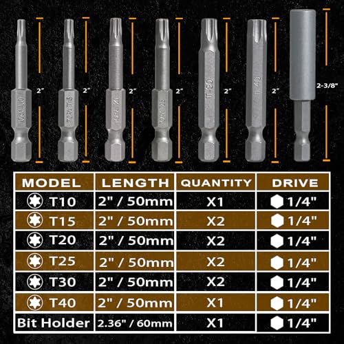 Torx Bit Set T10–T40, 10 PCS 2" Star Screwdriver Set + 2-3/8" Magnetic Drill Bit Holder, 1/4" Hex, S2 Steel CNC Precision Tips, Impact Driver/Drill Compatible - size: T-MIX