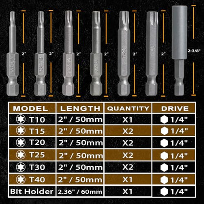Torx Bit Set T10–T40, 10 PCS 2" Star Screwdriver Set + 2-3/8" Magnetic Drill Bit Holder, 1/4" Hex, S2 Steel CNC Precision Tips, Impact Driver/Drill Compatible - size: T-MIX