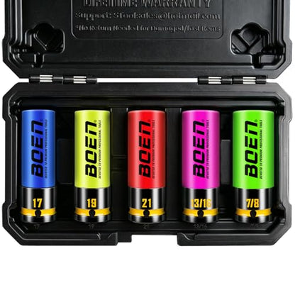 BOEN 1/2" Drive Impact Lug Nut Socket Set, 5 Pieces Non-Marring Thin Wall Wheel Protector Nut Socket, Metric (17, 19, 21mm) & SAE (13/16", 7/8"), Color-Coded and Painted Size Markings, CR-MO Steel