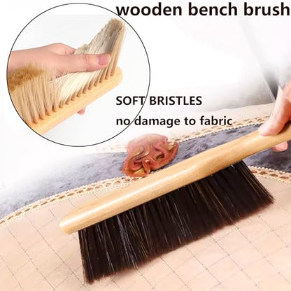 2 Pieces Woooden Dust Brush Hand Broom Bench Brush with Long Wood Handle Whisk Broom Soft Bristle Brush for Counter Bed Sofa Car Fireplace Clothes Household Cleaning (Brown) - color: Brown