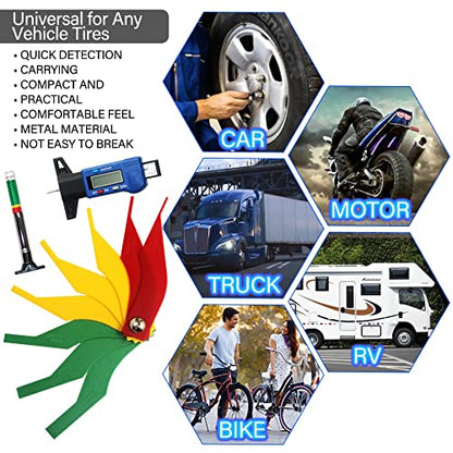 Tire Tread Depth Gauge Kit, Digital Tire Tread Depth Gauge - Color Coded Tire Tread Depth Gauge - Brake Lining Thickness Measure Ruler for Automotive, Motorcycle, Car, Truck, Bus
