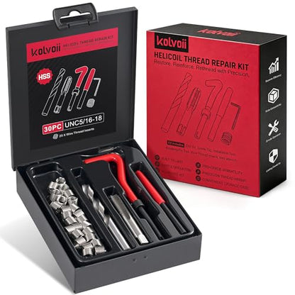 Kolvoii 5/16"-18 Helicoil Thread Repair Kit, SAE UNC 5/16 Inch Standard Helicoil kit with HSS Drill Bit, Tap & Stainless Steel Inserts for Engine, Bolt Thread & Equipment Repair - size: 5/16"-18